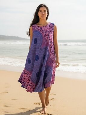 Sleeveless Blue & Pink Mosaic Print Womens Swing Dress No Brand One Size NWOT